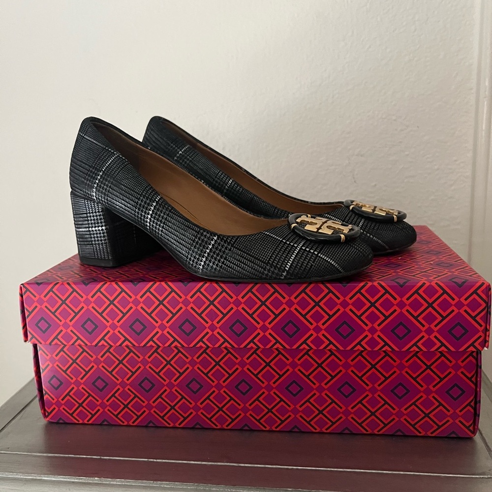 Tory Burch Black Plaid Heels with Gold Accent